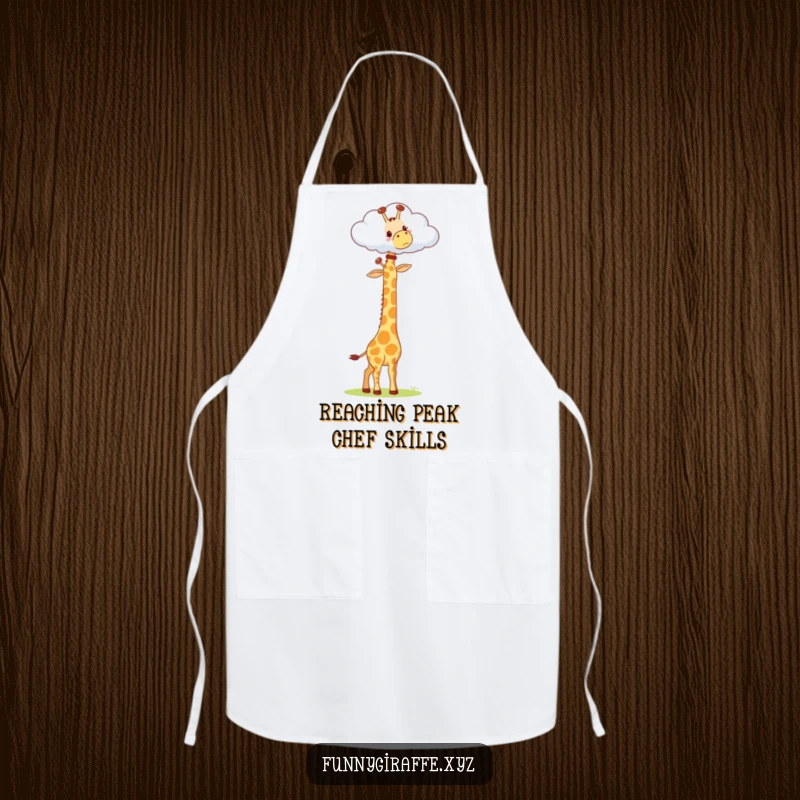 Funny Kawaii Giraffe Apron: kitchen wear with a cute giraffe stretching its long neck to reach a cloud, adding humor to cooking.