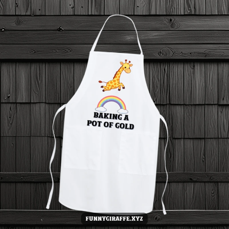 Funny Kawaii Giraffe Apron: kitchen apron with a cute giraffe joyfully leaping over a sparkling rainbow, adding humor to meal prep.