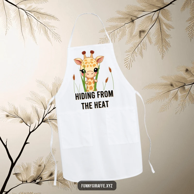 Funny shy giraffe apron featuring a giraffe peeking shyly from behind tall grass. Keeps clothes clean with a smile.