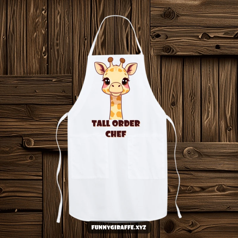 Funny giraffe apron featuring a cute giraffe with its neck stretched curiously upwards, ready for kitchen fun. Protects clothes with style.
