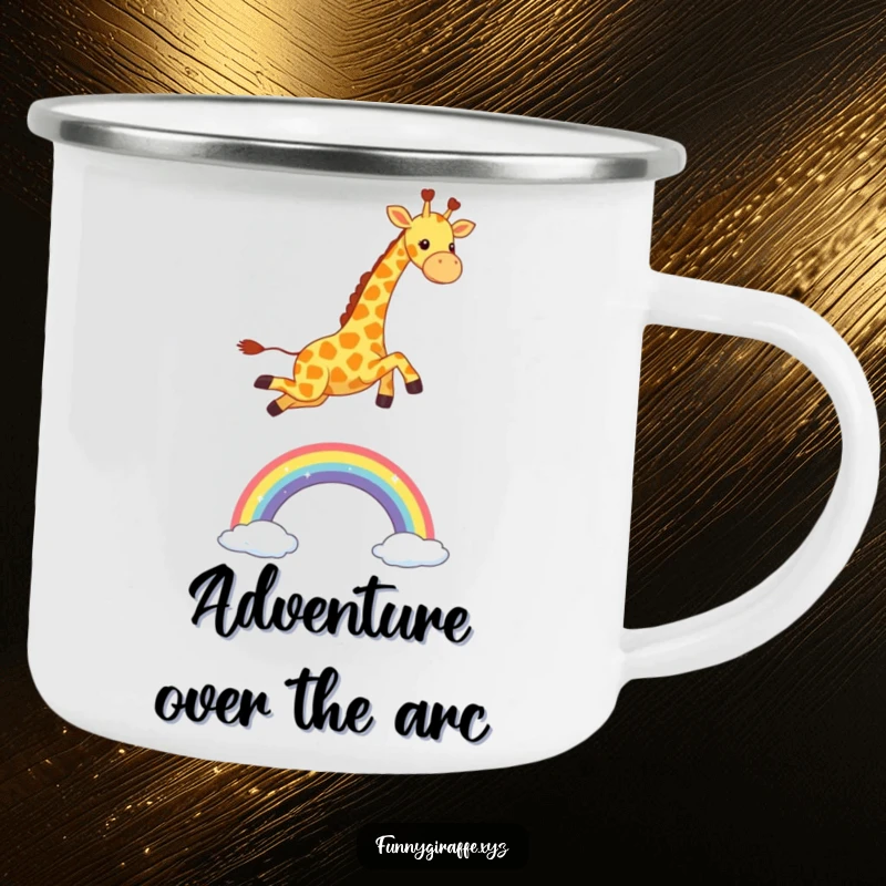 Funny Kawaii Giraffe Camping Mug: enamel mug with a cute giraffe joyfully leaping over a bright rainbow, ready for adventure.