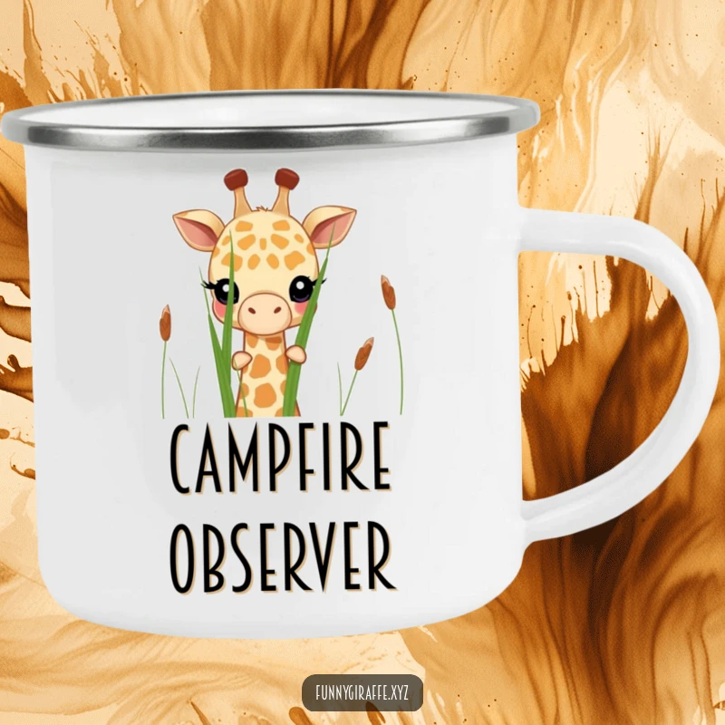 Funny shy giraffe camping mug featuring a giraffe peeking shyly from behind tall grass. Sturdy enamel for outdoor use.