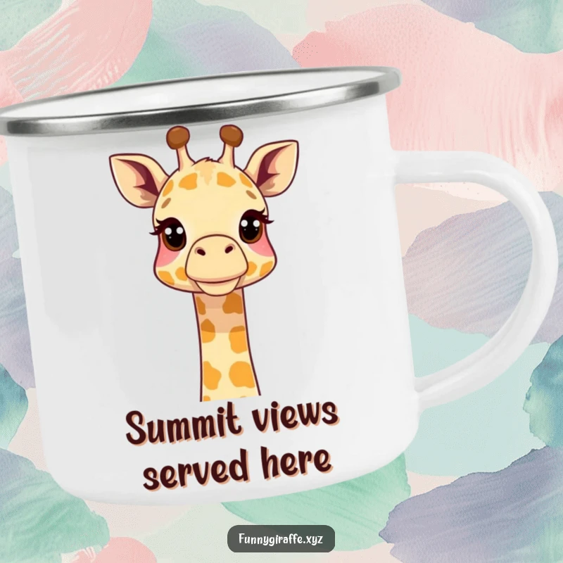 Funny giraffe camping mug featuring a giraffe with its neck extended curiously upwards, perfect for outdoor adventures. Sturdy enamel design.