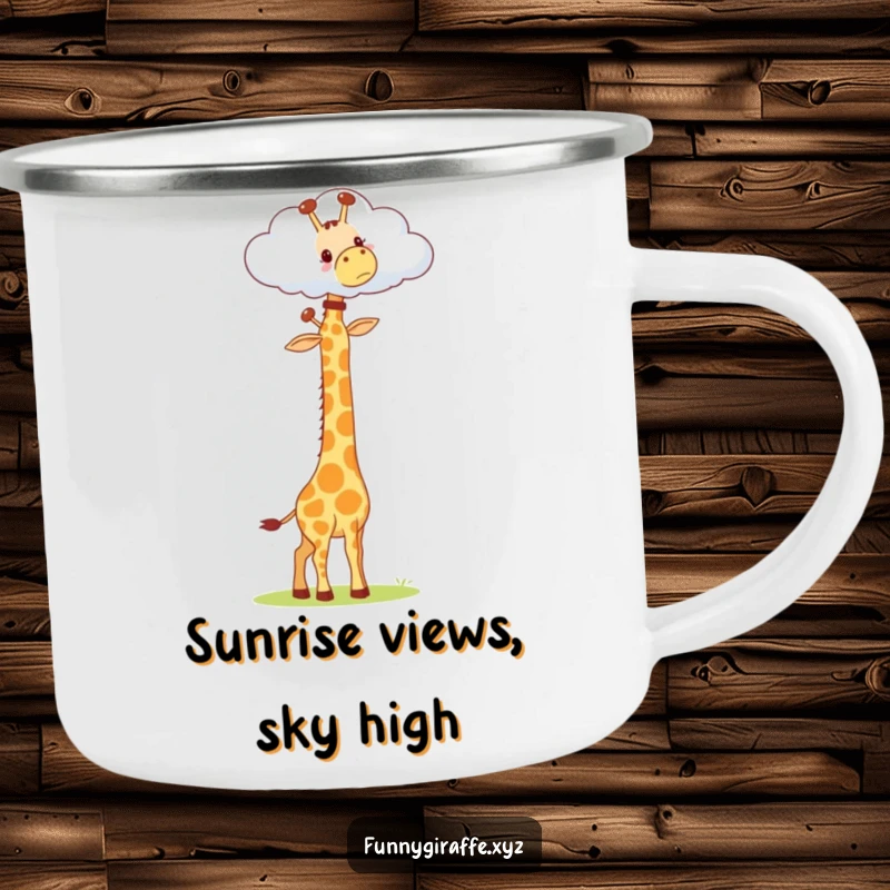 Funny Kawaii Giraffe Camping Mug: enamel mug with a cute giraffe stretching its long neck to reach a cloud on an adventure.