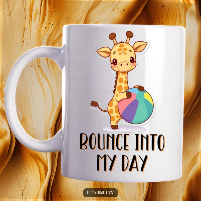 Funny kawaii giraffe mug shows a cheerful giraffe happily bouncing a large, colorful ball with its hooves. Adorable and fun.