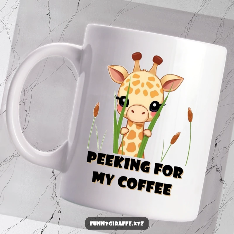Funny shy giraffe mug featuring a cute giraffe peeking out hesitantly from behind tall grass stalks. Adorable and endearing.