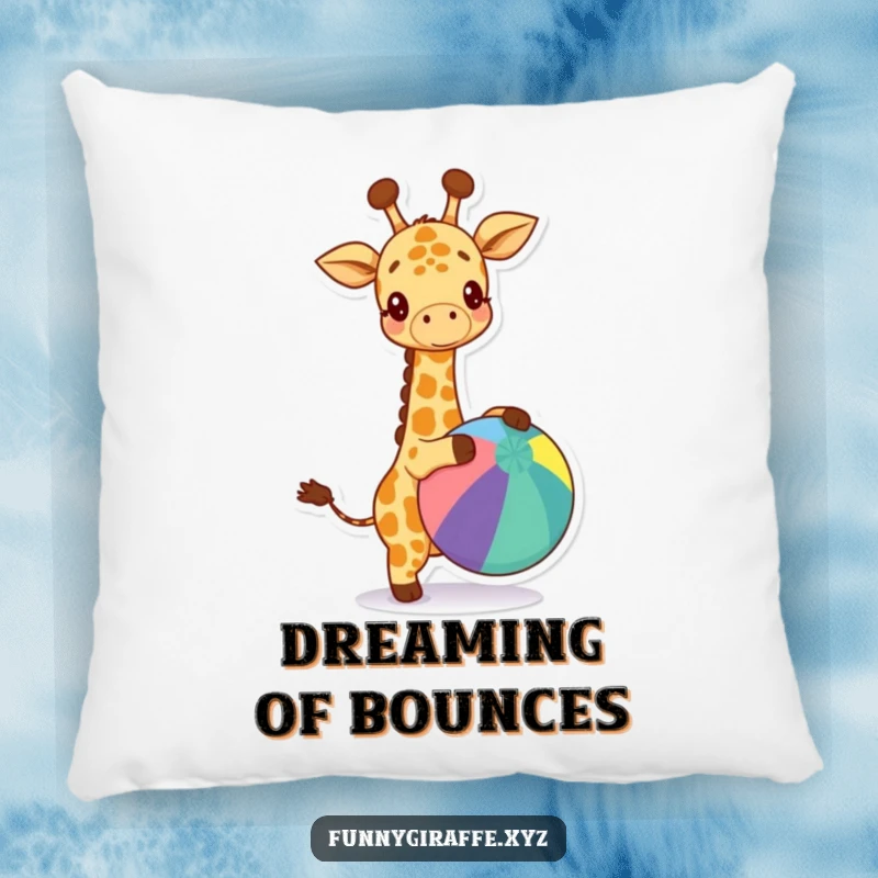 Funny kawaii giraffe pillow featuring a happy giraffe gleefully bouncing a large, colorful ball. Soft and decorative.