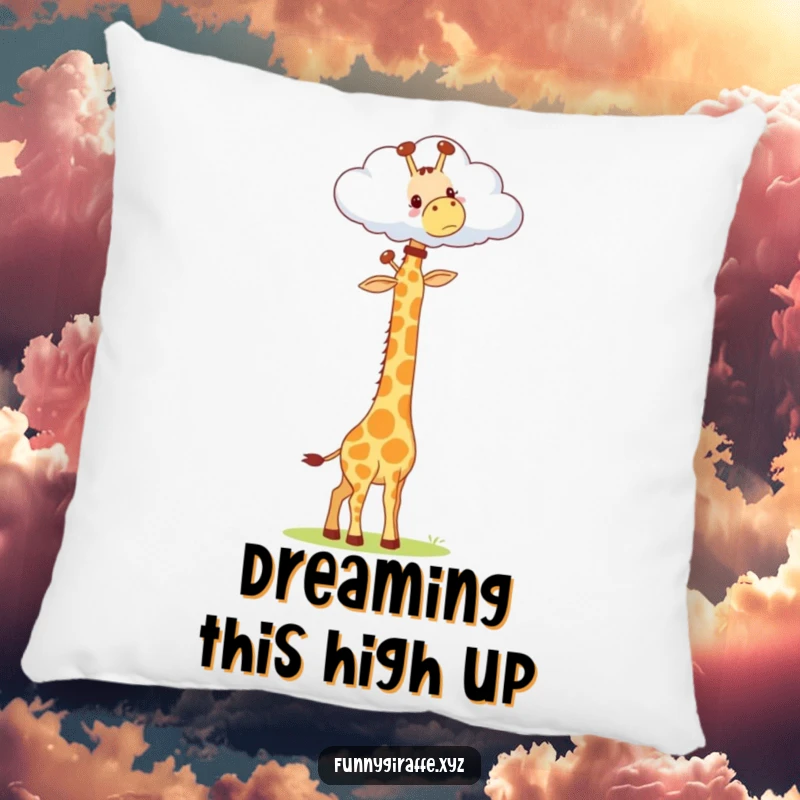 Funny Kawaii Giraffe Pillow: plush pillow with a cute giraffe stretching its long neck up towards a cloud in a humorous pose.