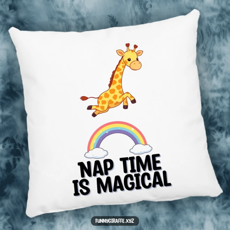 Funny Kawaii Giraffe Pillow: plush pillow with a cute giraffe joyfully leaping over a shimmering rainbow, a cozy and happy accent.