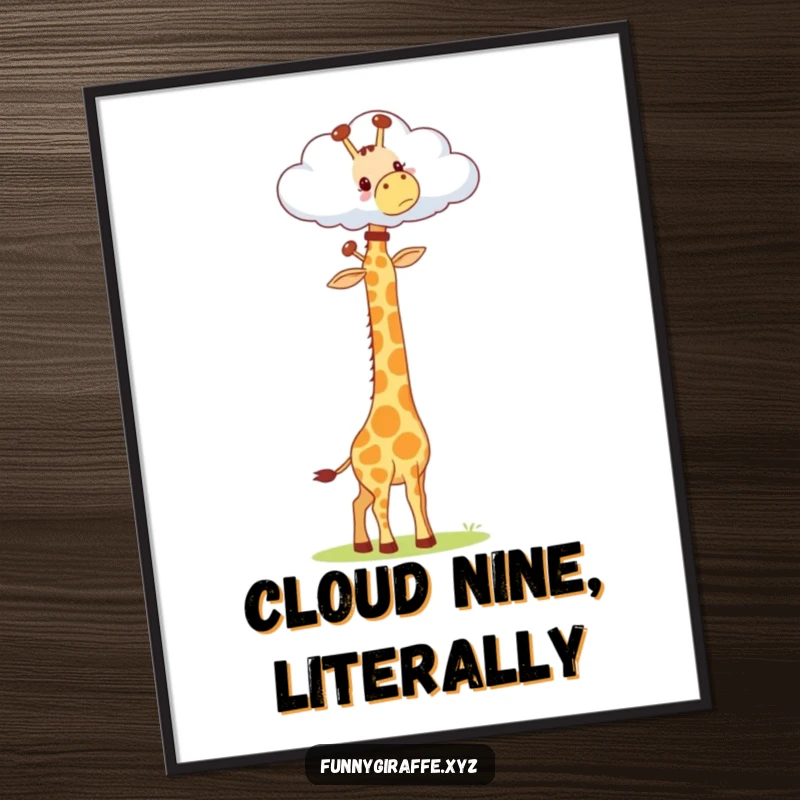 Funny Kawaii Giraffe Digital Art Print: high-resolution image of a cute giraffe stretching its long neck to touch a cloud, full of charm.