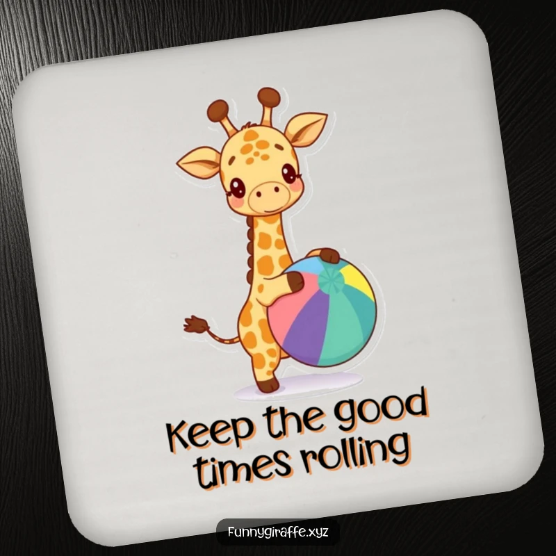 Funny kawaii giraffe coaster featuring a happy giraffe bouncing a big colorful ball. Protects tables from drink rings.