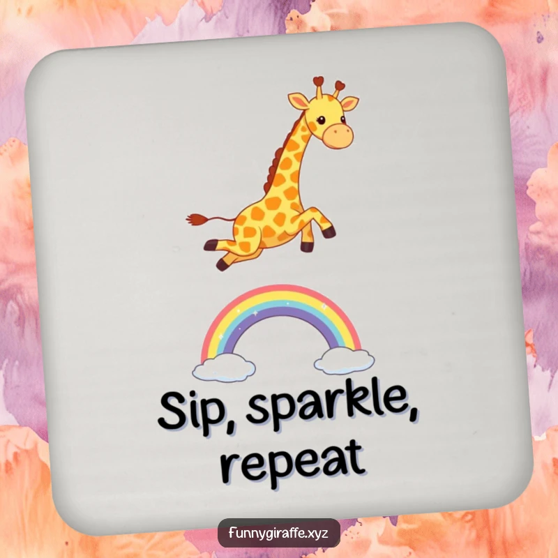 Funny Kawaii Giraffe Coaster: decorative coaster with a cute giraffe joyfully leaping over a sparkling rainbow, adding cheer to drinks.
