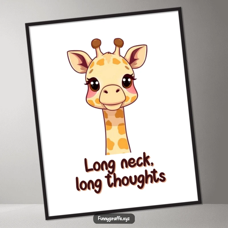 Funny giraffe poster showcasing a cute giraffe with its neck extended high up, curiously gazing. High-quality print for decor.