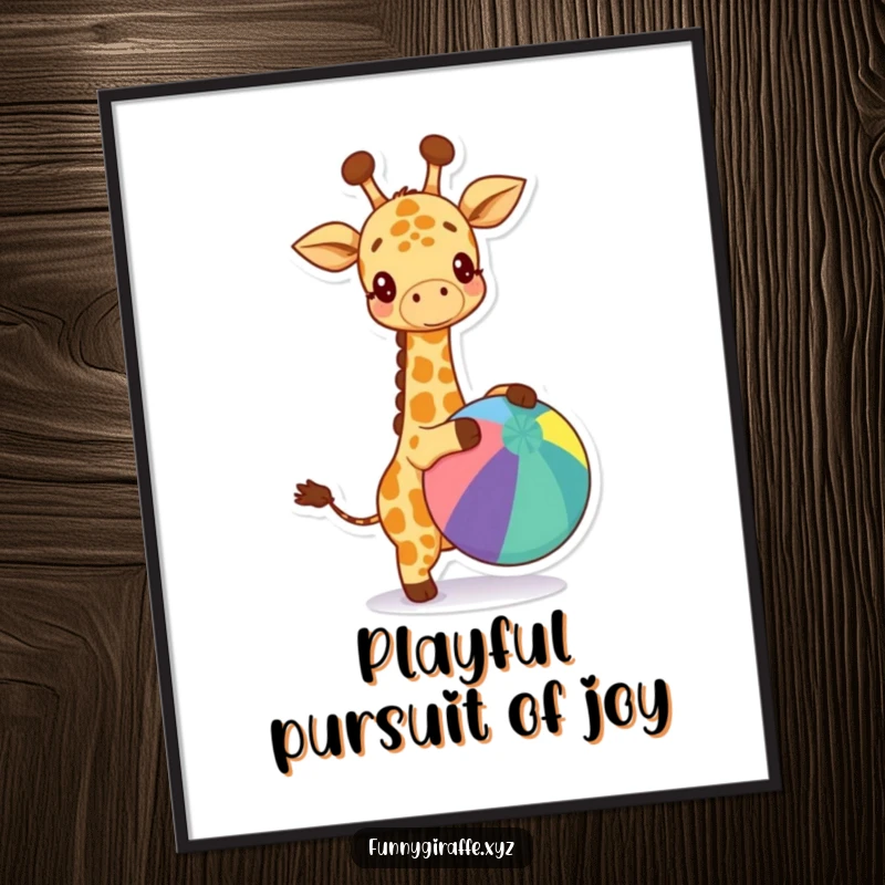Funny kawaii giraffe poster depicting a super happy giraffe joyfully bouncing a big colorful ball. Vibrant and cheerful artwork.