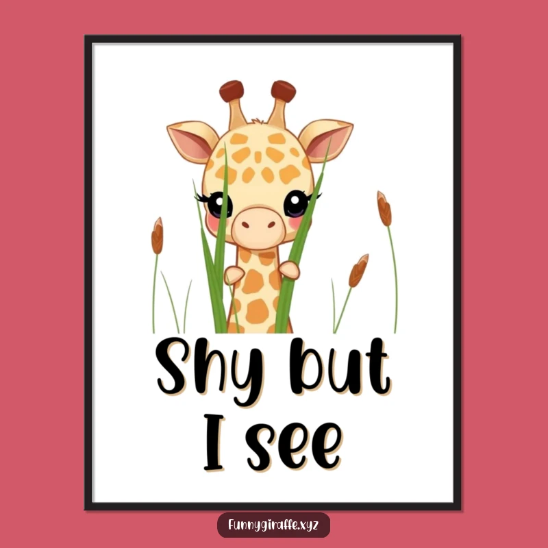 Funny Shy Giraffe Poster - Peeking Behind Grass Wall Art