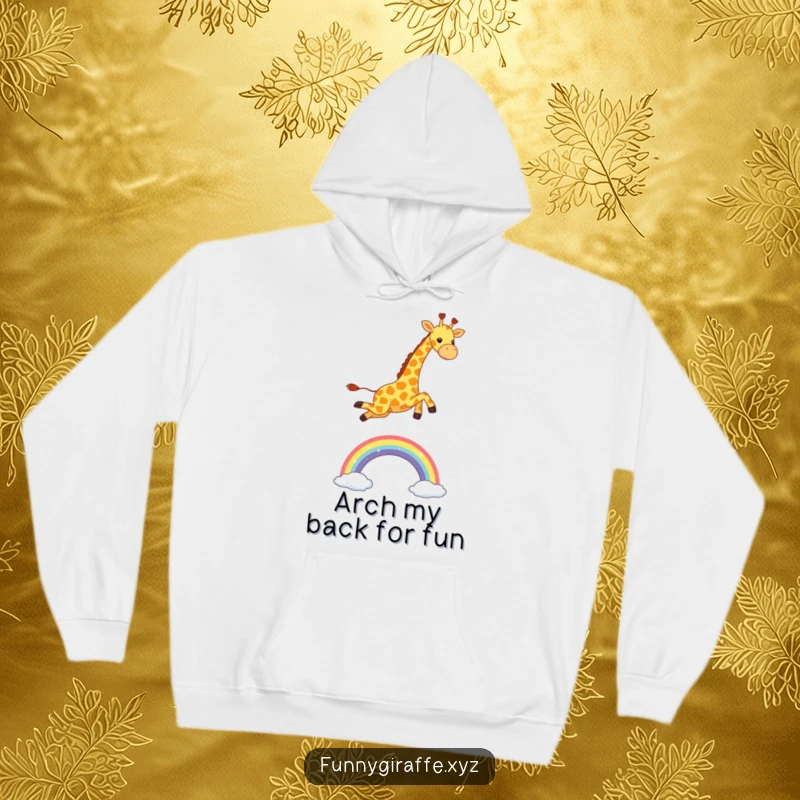 Funny Kawaii Giraffe Hoodie: warm hoodie featuring a cute giraffe jumping gleefully over a shimmering rainbow, a symbol of pure joy.