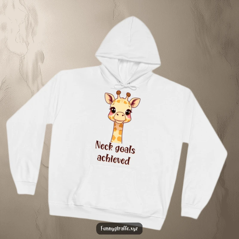 Funny giraffe hoodie showing a cute giraffe with its neck extended upwards in a curious pose. Soft and comfortable apparel.