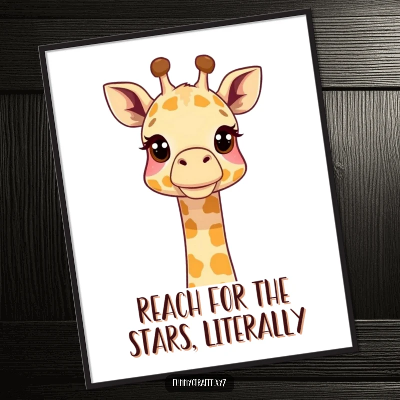 Funny free printable wall art: A tall giraffe curiously extending its long neck upwards, depicted in a charming illustration style.