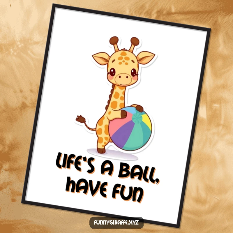 Funny free printable wall art: A cute kawaii giraffe happily bouncing a large, colorful ball, full of playful energy.