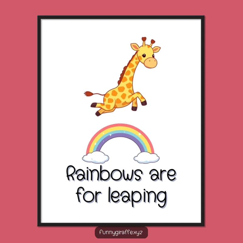 Funny Free Printable Wall Art: Kawaii Giraffe Leaps Over Rainbow, Hilarious Downloadable Decor