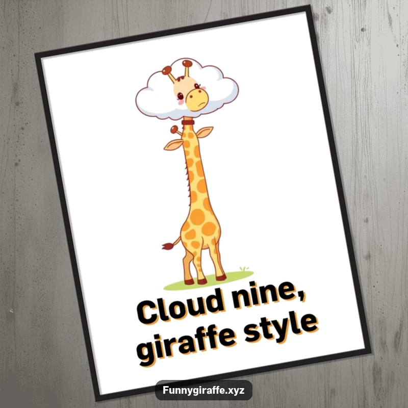Funny Free Printable Wall Art: A whimsical kawaii giraffe with a super long neck reaching up towards a dreamy cloud.