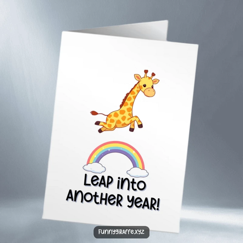 Funny Free Printable Birthday Card: A happy kawaii giraffe mid-leap over a bright, sparkling rainbow.