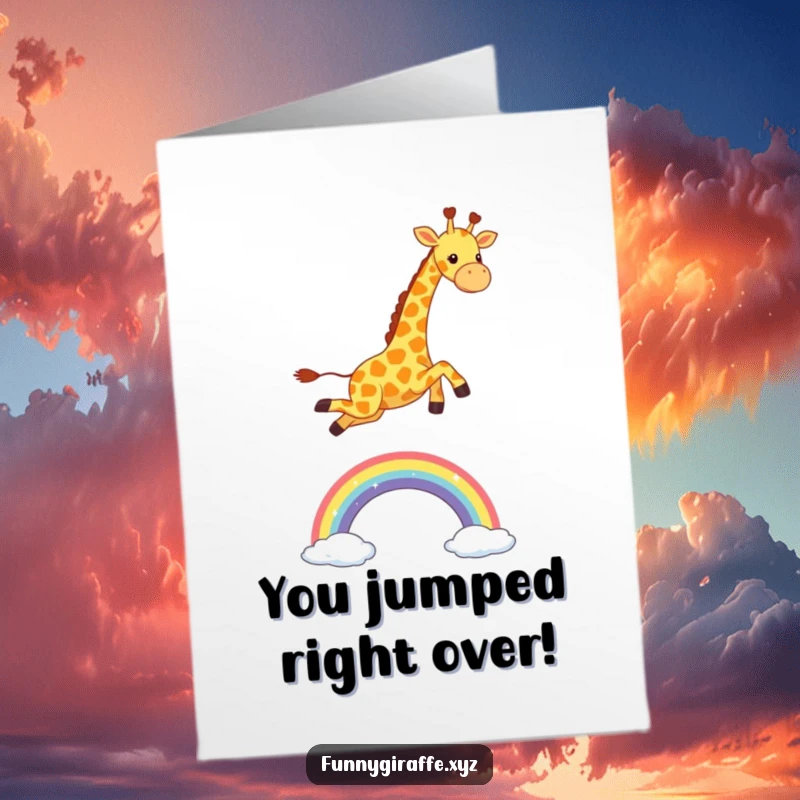 Funny Free Printable Congrats Card: A joyful kawaii giraffe soaring high over a shimmering rainbow arc.