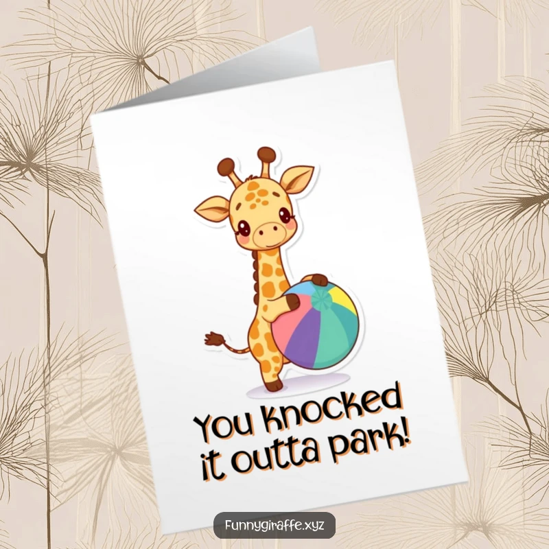 Funny free printable congratulations card: A happy kawaii giraffe energetically bouncing a big, colorful ball, radiating pure joy.