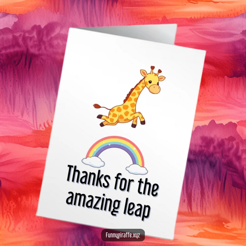Funny Free Printable Thank You Card: A delighted kawaii giraffe in mid-air, leaping over a colorful rainbow.