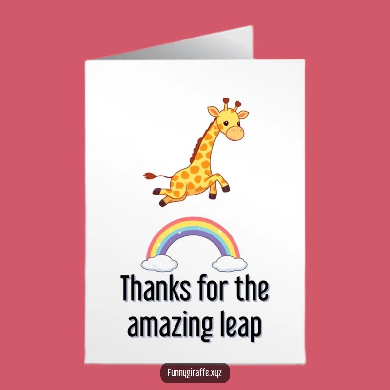 Free Printable Thank You Card: Funny Kawaii Giraffe Leaping with Gratitude, Downloadable Gift
