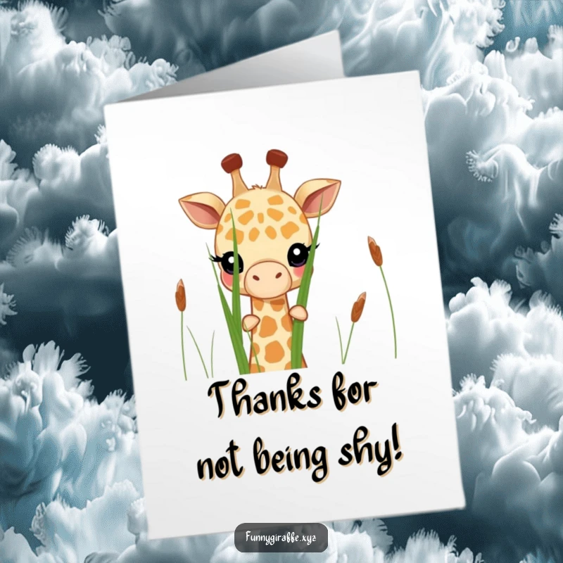 Funny free printable thank you card: A bashful giraffe gently peeks its head out from behind a dense patch of tall grass.