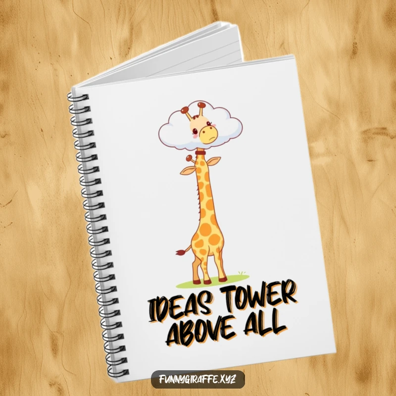 Funny Kawaii Giraffe Notebook: journal with a cute giraffe stretching its long neck towards a cloud, encouraging ambitious thoughts humorously.