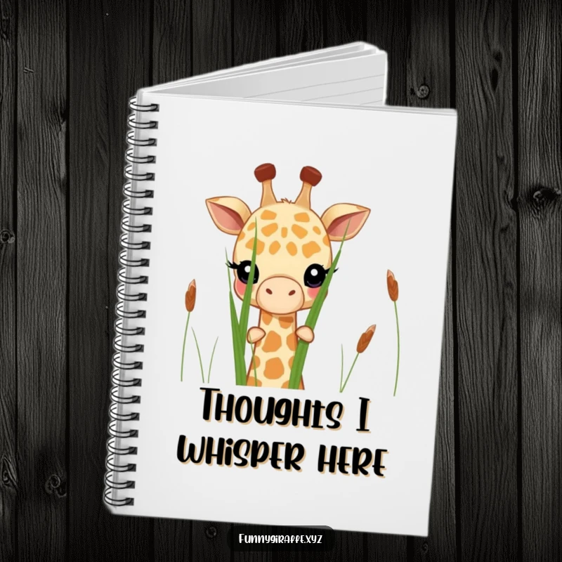 Funny shy giraffe notebook showing a giraffe peeking shyly from behind tall grass stalks. Perfect for journaling.