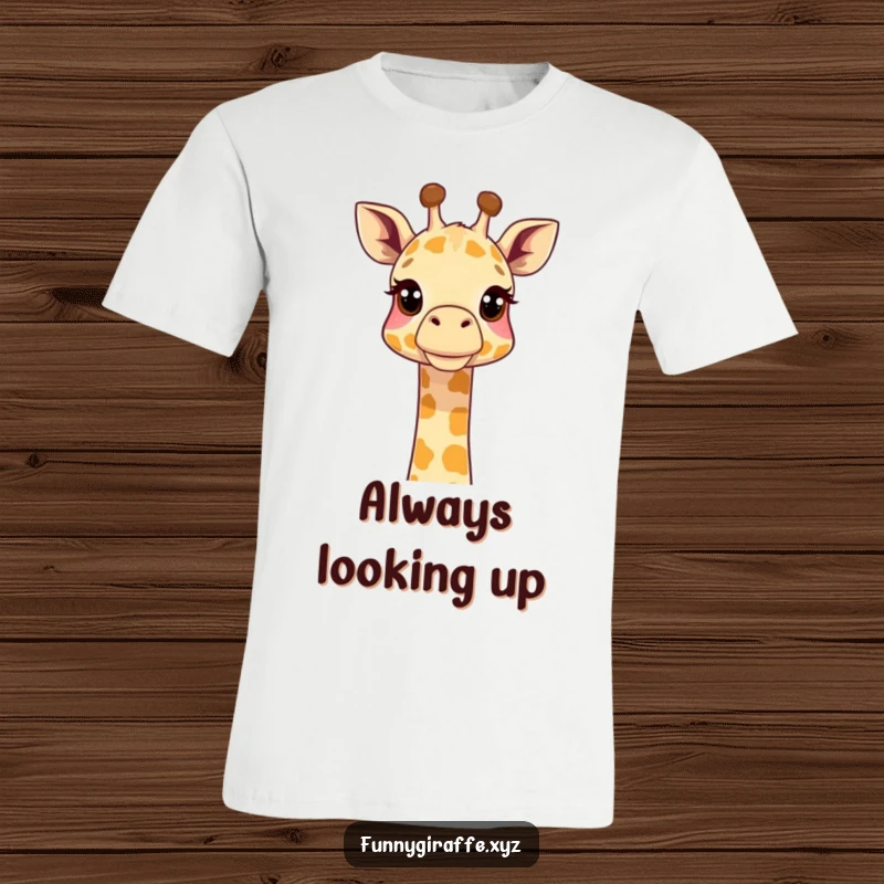 Funny giraffe t-shirt featuring a cute giraffe stretching its neck curiously upwards, looking at something high above. Great for all ages.