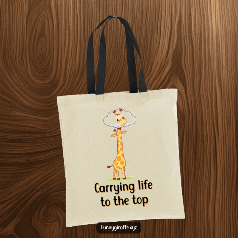 Funny Kawaii Giraffe Tote Bag: durable bag with a cute giraffe stretching its long neck towards a cloud, a comical and useful accessory.