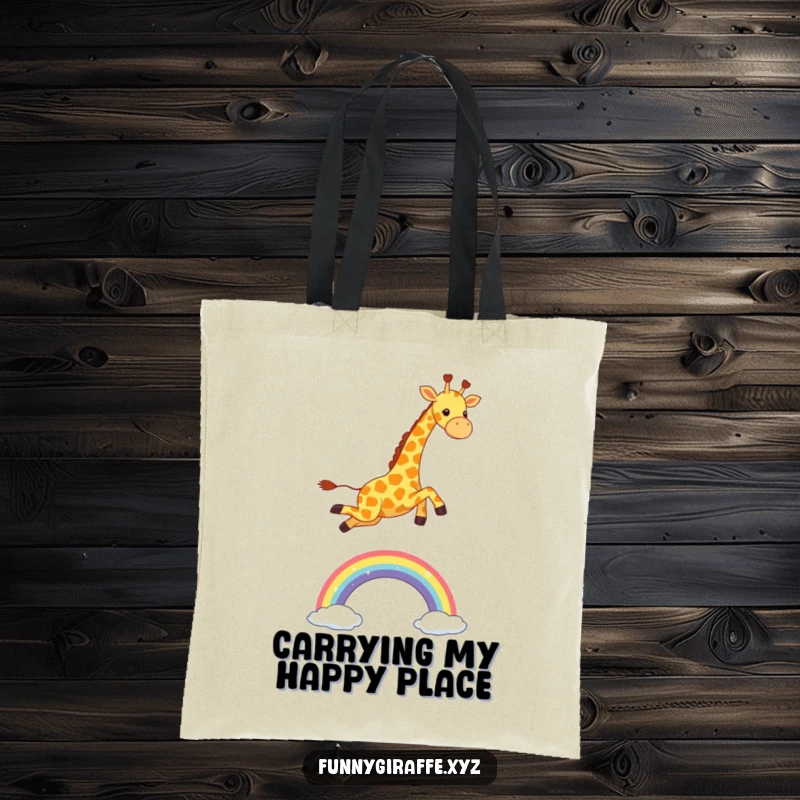 Funny Kawaii Giraffe Tote Bag: sturdy bag with a cute giraffe joyfully leaping over a sparkling rainbow, a cheerful accessory.
